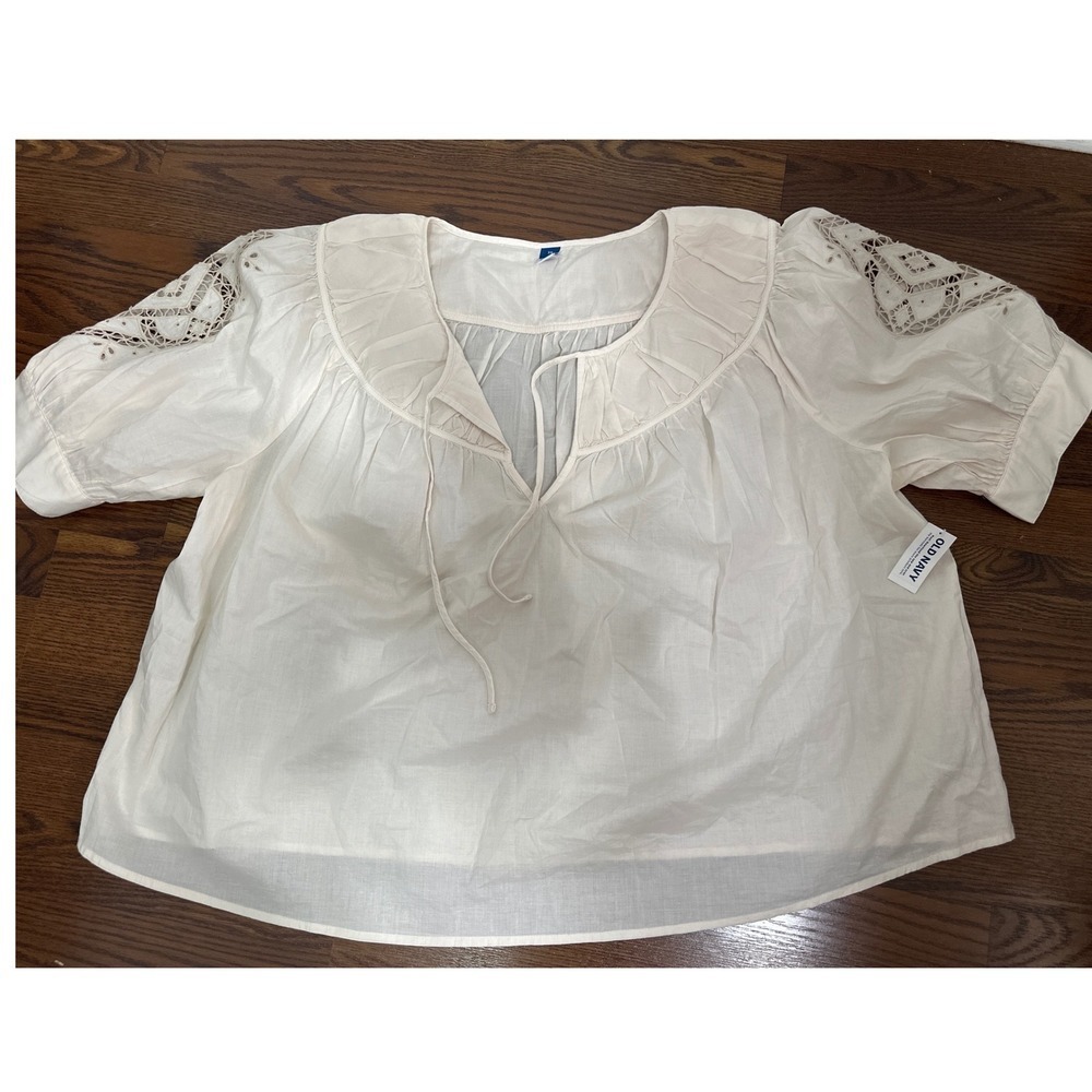 NWT Old Navy Womens 3X Cream Cotton Eyelet Lace Puff Sleeve Peasant Blouse